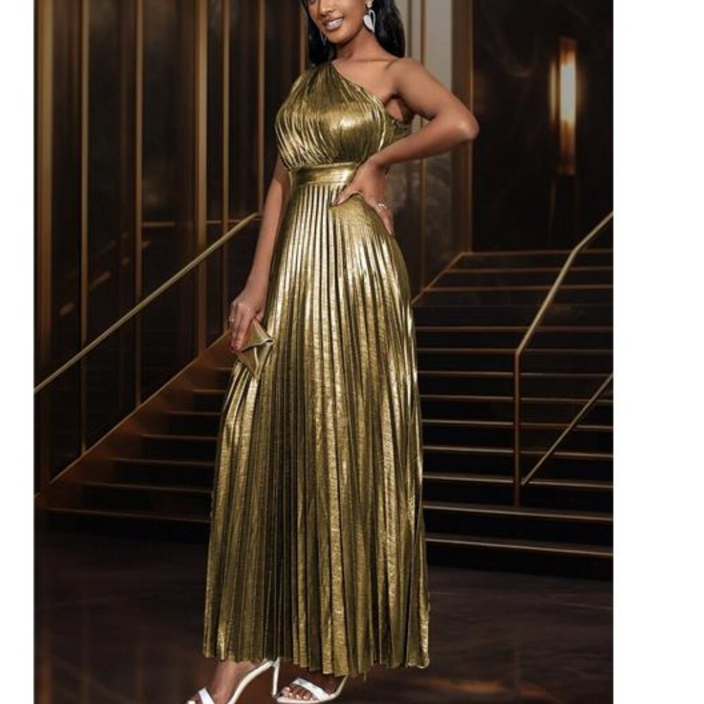 99- Elegant Shiny Gold Asymmetrical Neck Maxi Party Dress Pleated - Picture 4 of 9